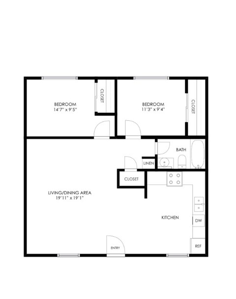 A floor plan of a house with two bedrooms, a living area, a kitchen, a bathroom, and a laundry area.
